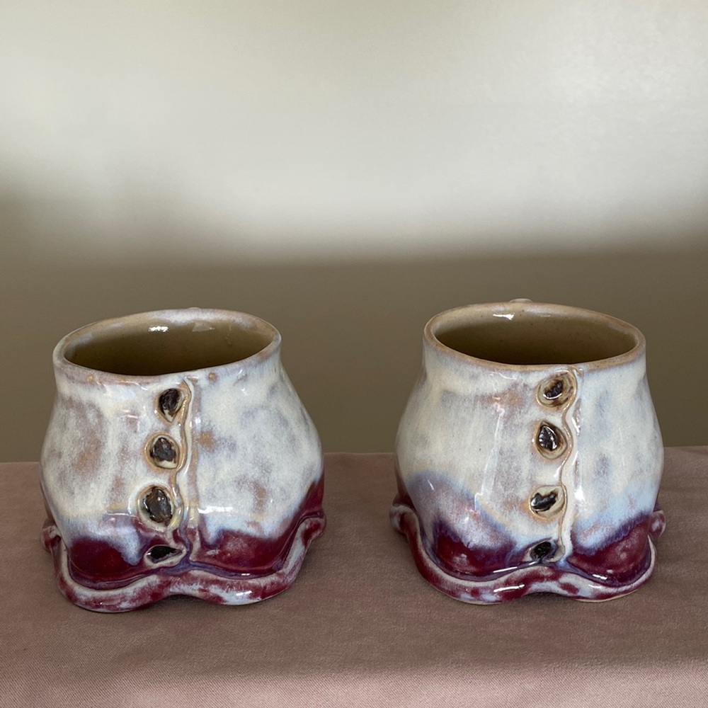 2  x Wheel thrown mugs shaped by hand into unique shapes 16 Oz